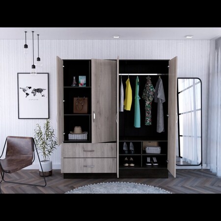 Tuhome Bolton 160 Armoire, 6 Shelves, 2 Door Cabinets, 2 Mirrors, 2 Drawers, Rod, Black/Light Gray CWZ5951